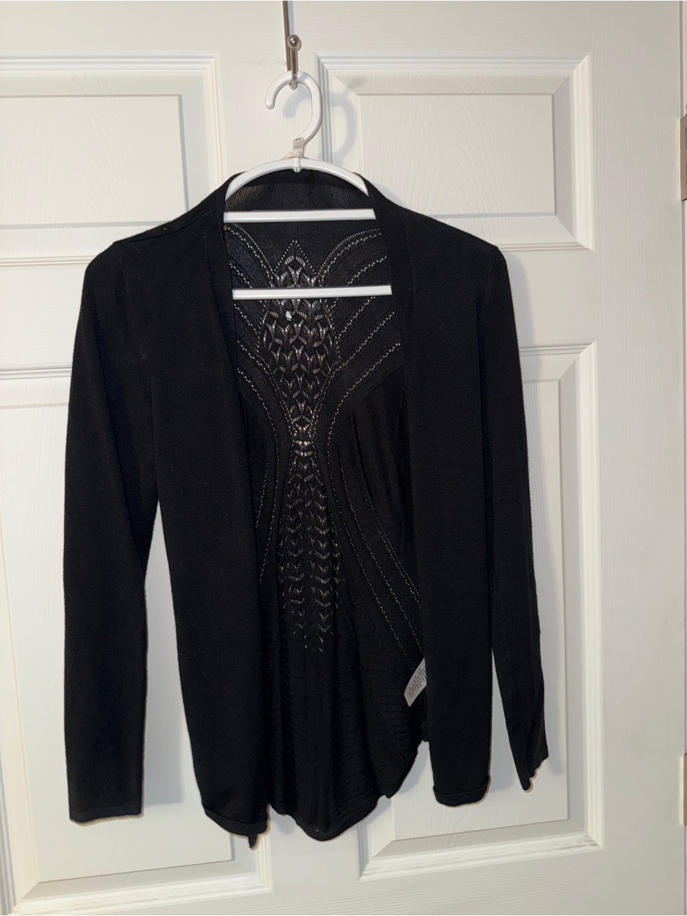 Open-Front Black Knit Cardigan with Decorative Back